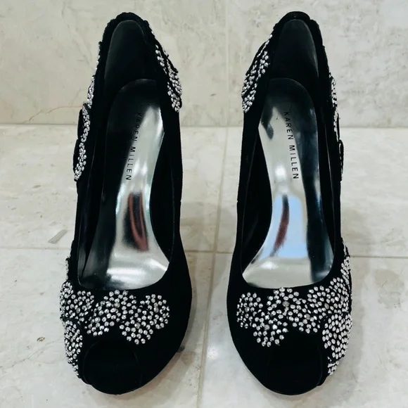 KAREN MILLEN {6} Black Silver Beaded Pumps Peep Toe Stiletto - Picture 2 of 16